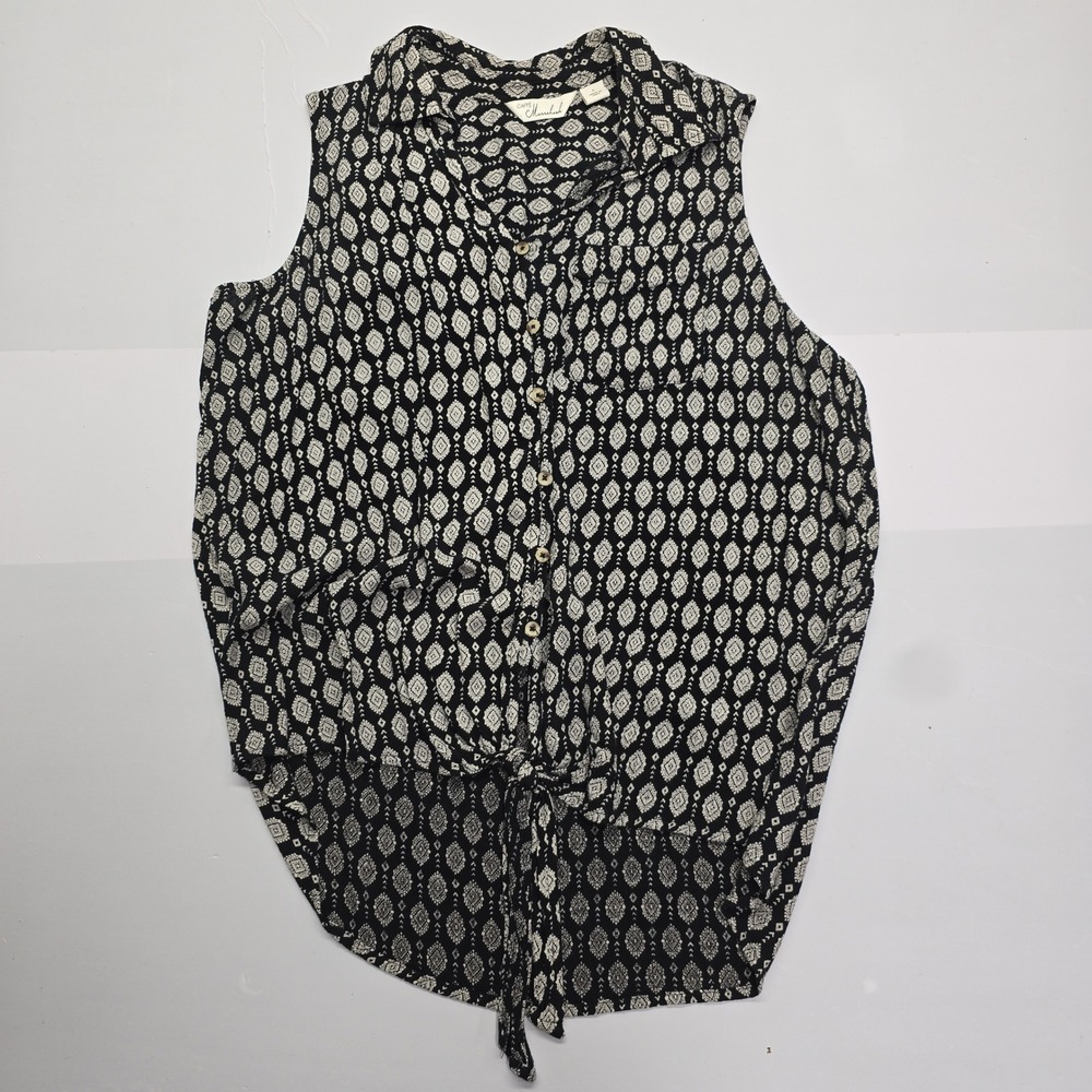 Caffe Marrakech Womens Black White Geometric Boho Tie Front Sleeveless Top L